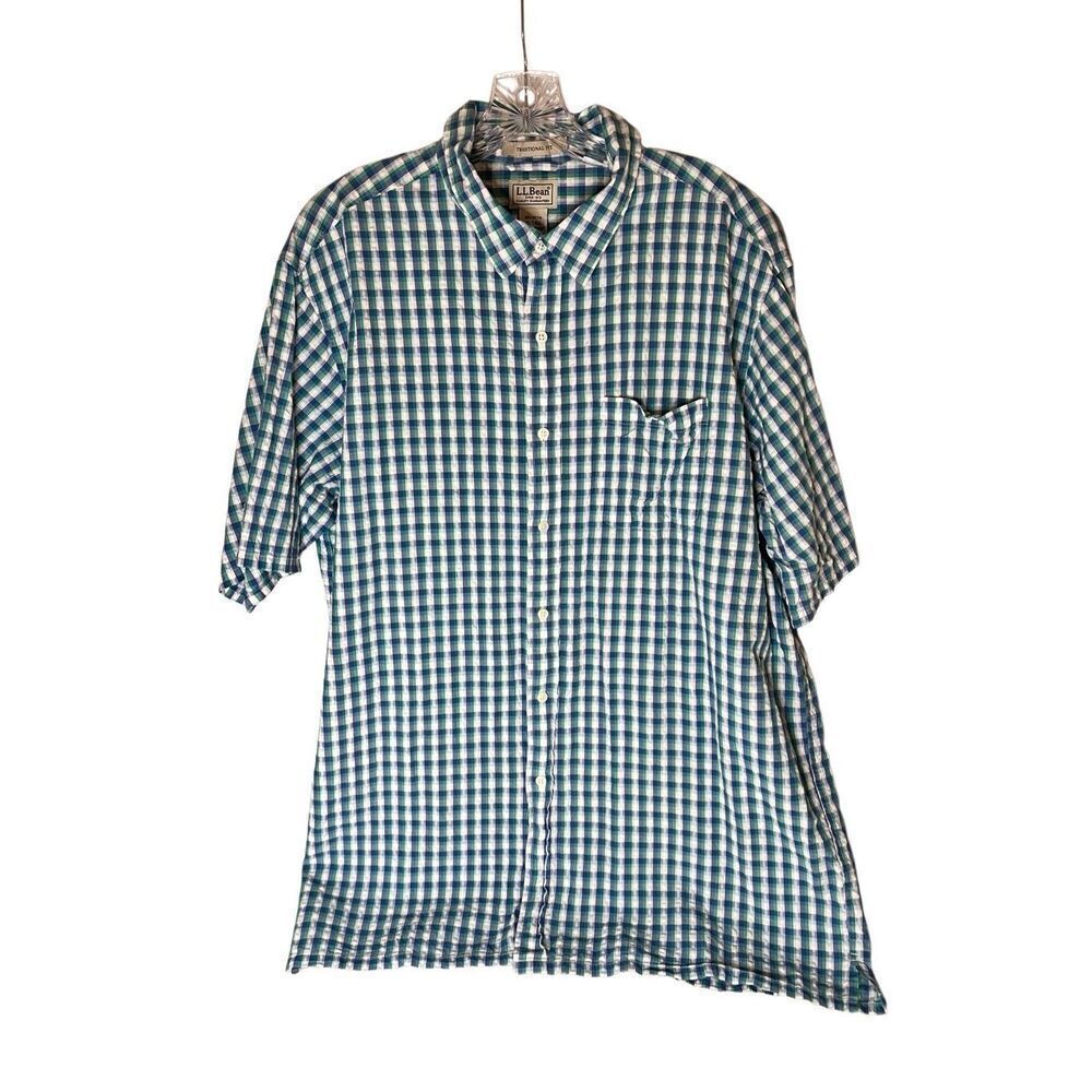 L L Bean Mens Blue/Green Plaid Traditional Fit Short SleeveButton Down Sz XLT